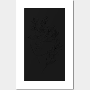 Black and white flower head woman line art Posters and Art